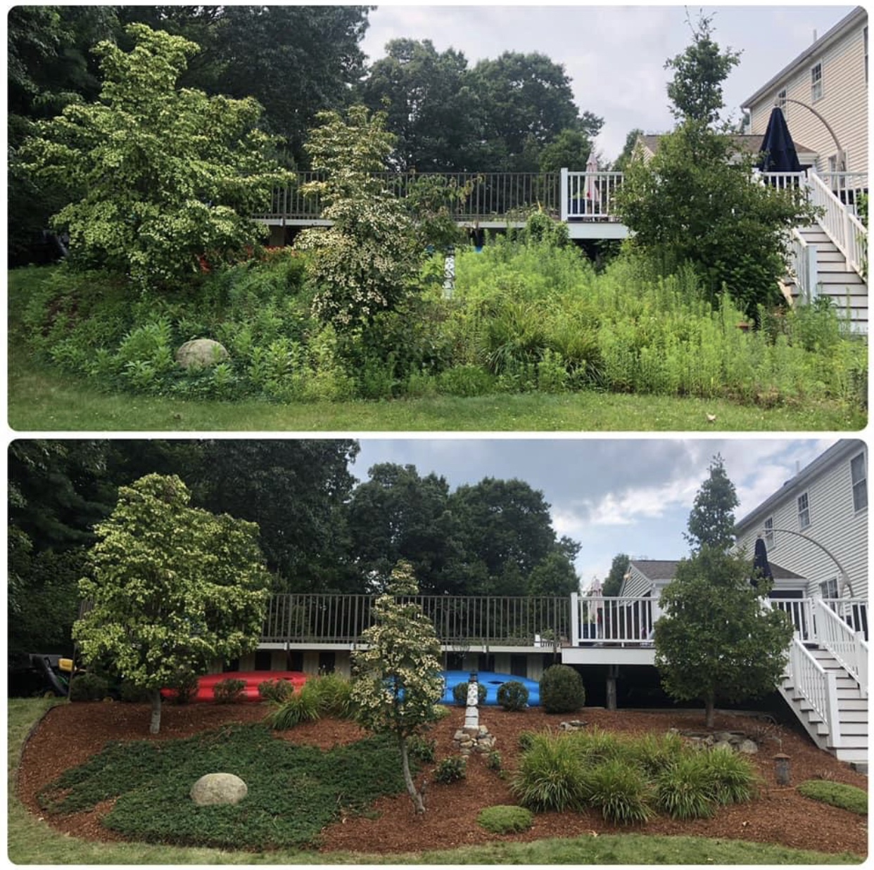 Before and after landscaping cleanup and mulching project by Lawndog Landscapes